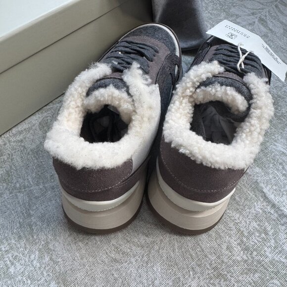 Brunello Cucinelli Fur-Lined Suede And Wool Sneakers - Picture 9 of 13